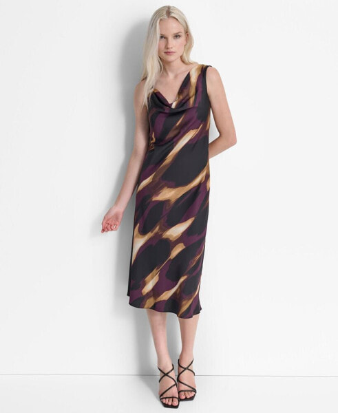 Women's Printed Sleeveless Cowlneck Midi Dress