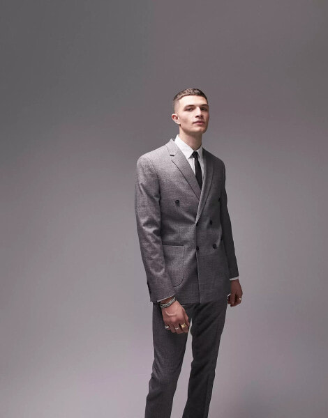 Topman skinny double breasted textured suit jacket in grey