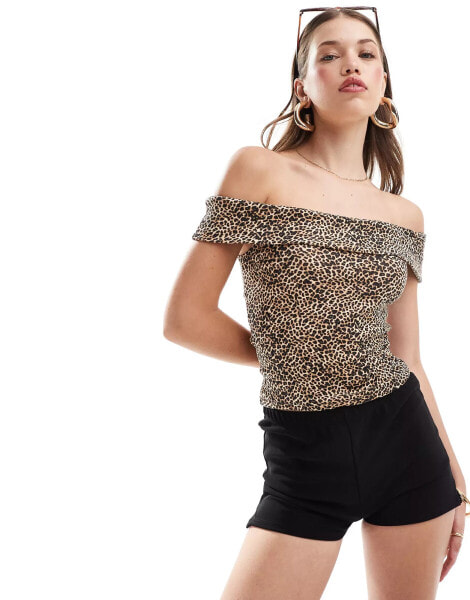 Stradivarius off the shoulder top in leopard print