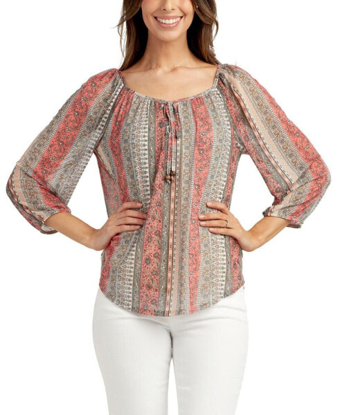 Juniors' Printed 3/4-Sleeve Peasant Top