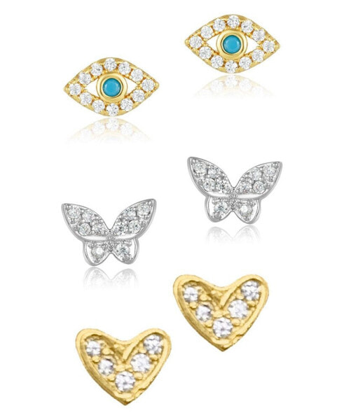 Heart, Evil Eye, and Butterfly Stud Earring Set