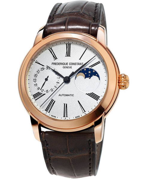 Men's Swiss Automatic Classic Moonphase Manufacture Brown Leather Strap Watch 42mm