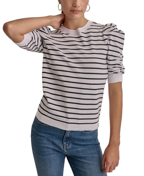 Women's Striped Ruched-Sleeve Crewneck Top