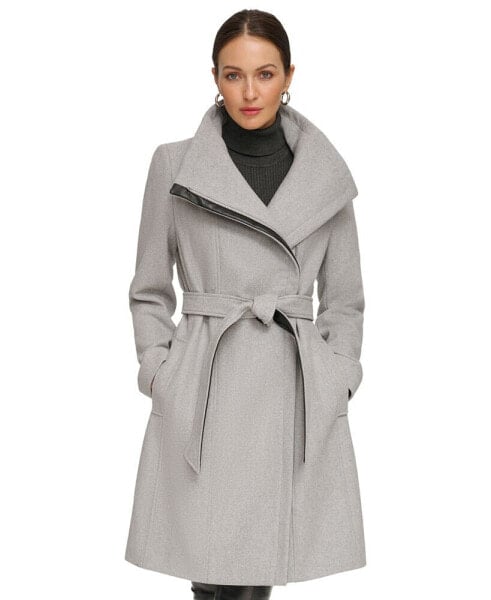 Women's Asymmetrical Belted Funnel-Neck Wool Blend Coat