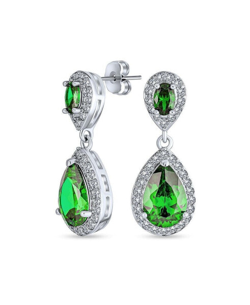 Green Simulated Emerald Pave CZ Halo Teardrop Pear Shape Dangle Drop Statement Earrings For Women Prom Rhodium Plated Brass