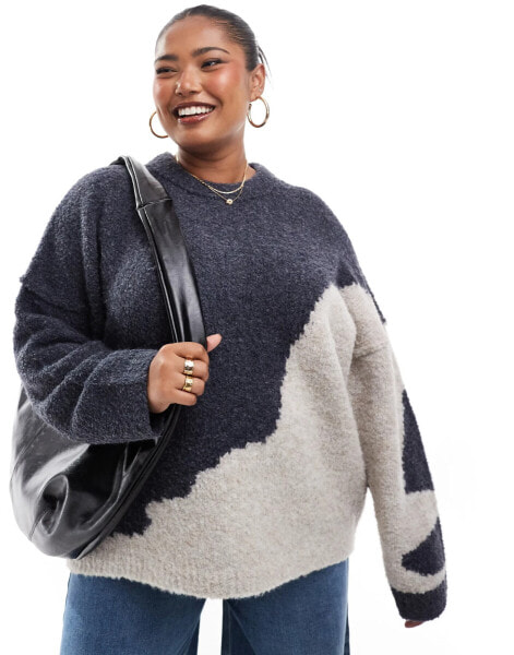 ASOS DESIGN Curve – Bouclé-Pullover mit Rundhalsausschnitt und abstraktem Muster