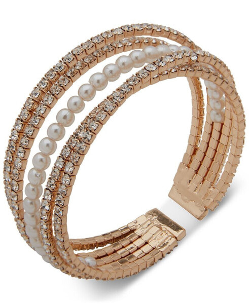 Women's Boxed Gold-Tone Imitation-Pearl & Crystal Crisscross Coil Cuff Bracelet
