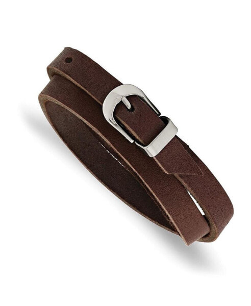 Stainless Steel Polished Brown Leather Adjustable Wrap Bracelet