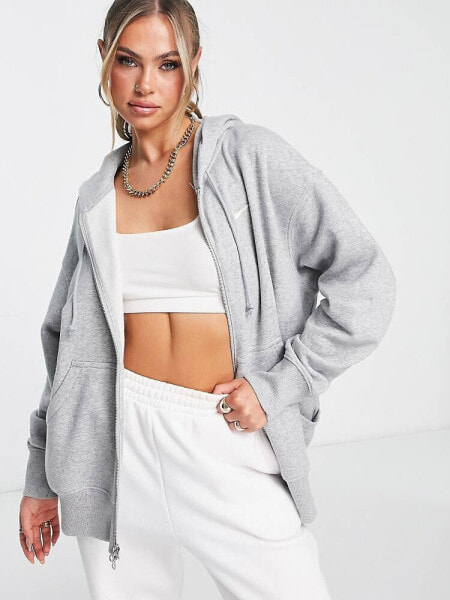 Nike mini swoosh oversized full zip hoodie in grey and sail