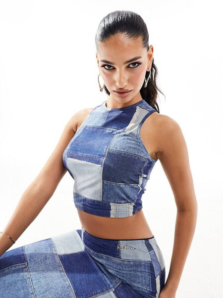 Sixth June co-ord mesh patchwork denim print crop top in blue