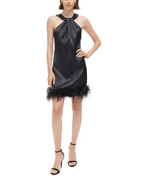 Women's Twist-Neck Feather-Trim Shift Dress