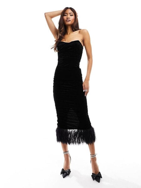 Jaded Rose velvet faux feather midaxi dress in black