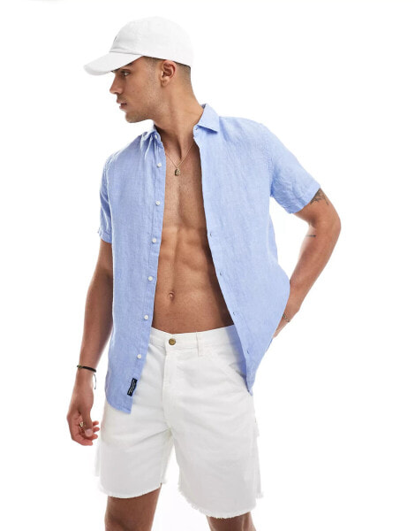 Superdry Studios casual linen shirt in light blue chambray