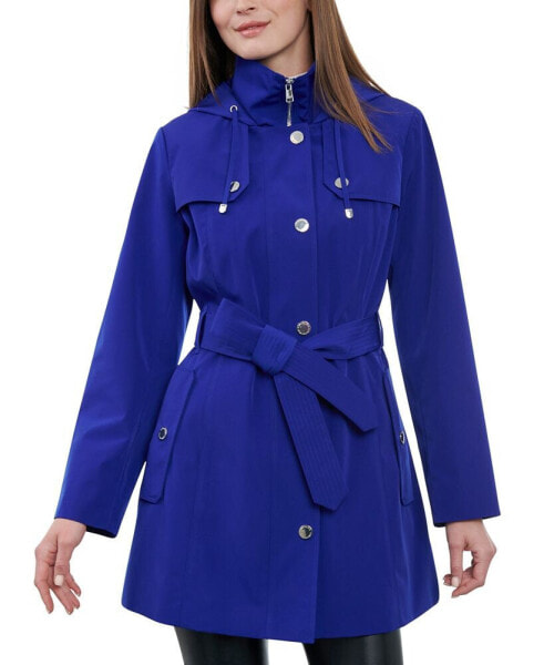 Women's Hooded Belted Zip-Front Rain Coat