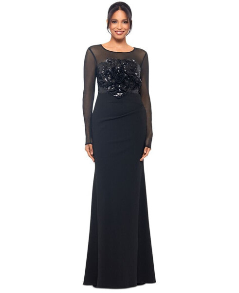 Women's Sequined Rosette Illusion Gown