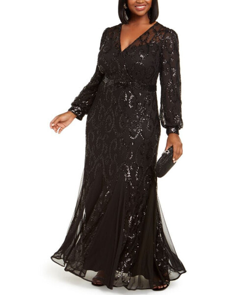 Plus Size Surplice Sequined Gown