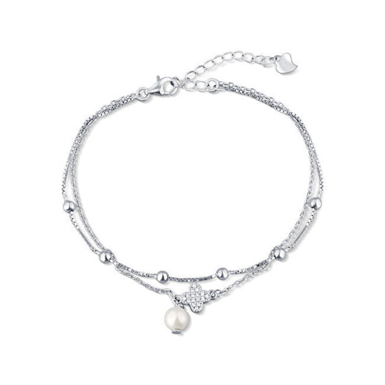 Double Sterling Silver Bracelet with Genuine Pearl and Zirconia JL0801