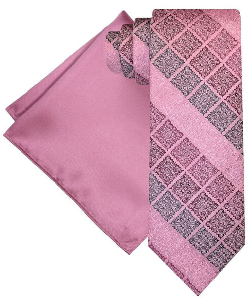 Men's Extra Long Ornate Block Tie & Solid Pocket Square Set