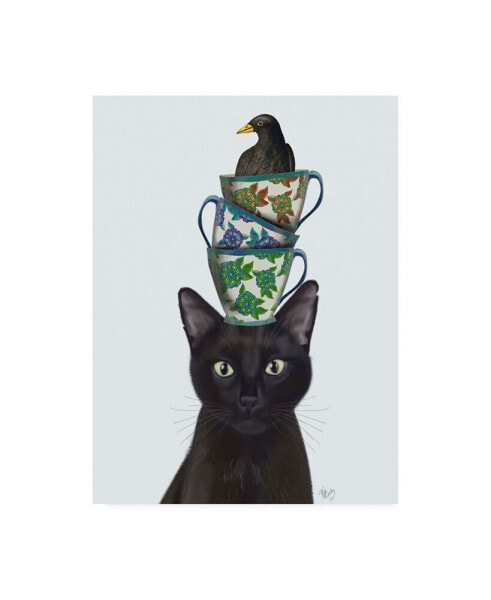 Fab Funky Black Cat with Teacups and Blackbird Canvas Art - 15.5" x 21"