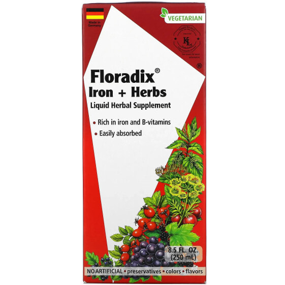 Витаминно-минеральное средство железо "Floradix, Iron + Herbs", жидкий гербал сапплемент, 250 мл, Gaia Herbs.