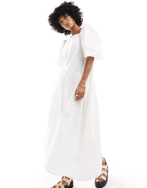 Native Youth asymmetric cotton poplin midaxi dress in white