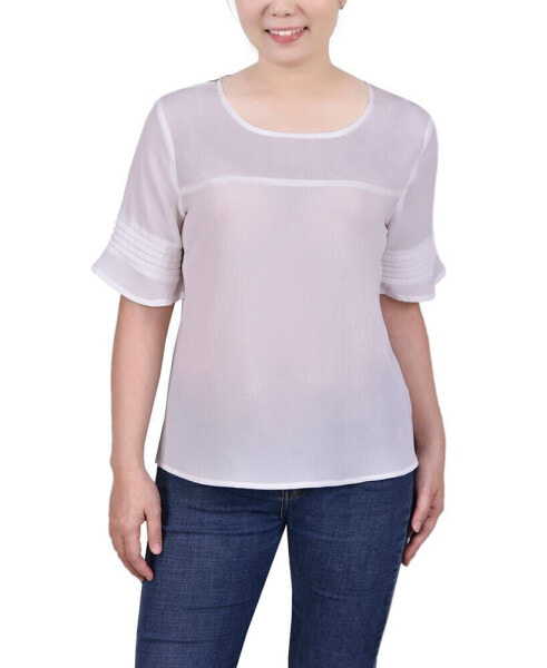 Petite Size Short Sleeve Crepe and Chiffon Top