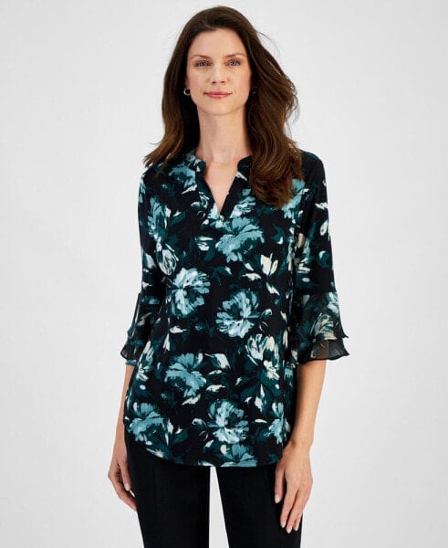 Petite Floral Print Split-Neck Bell-Sleeve Blouse