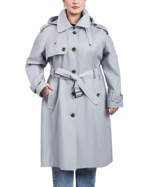Women's Plus Size Belted Hooded Water-Resistant Trench Coat
