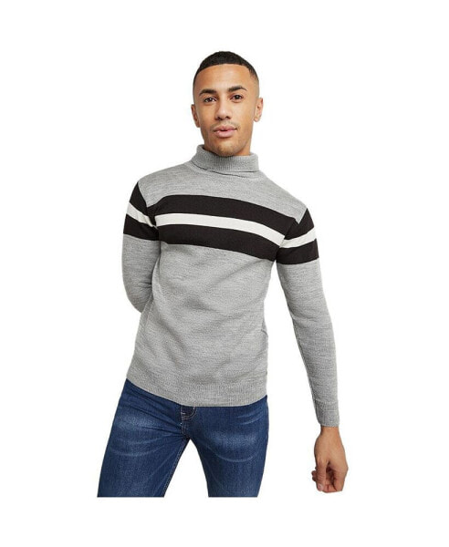 Men's Light Grey Relaxed Horizontal Striped Pullover Sweater