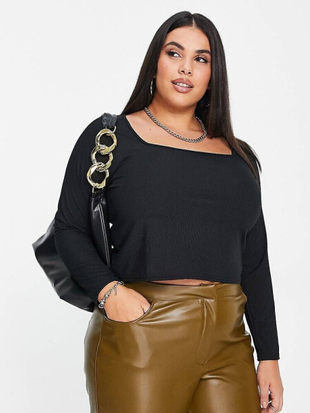 Yours ribbed square neck crop top in black