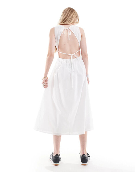 Reclaimed Vintage midi summer dress with tie back in white poplin