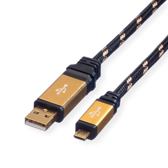 ROLINE 11.88.8825, 0.8 m, USB A, Micro-USB B, USB 2.0, Male/Male, Black, Gold