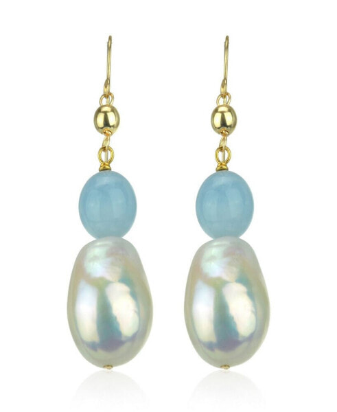 White Freshwater Cultured Pearl (11-14mm) and Blue Aquamarine (9 1/ 2 ct. t.w) Dangle Earrings in 14k Yellow Gold