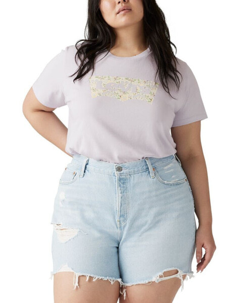 Plus Size Floral Logo Crewneck Cotton T-Shirt