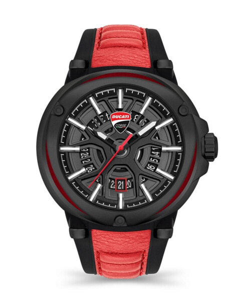 Men's Quartz Red Genuine Leather Watch 49mm