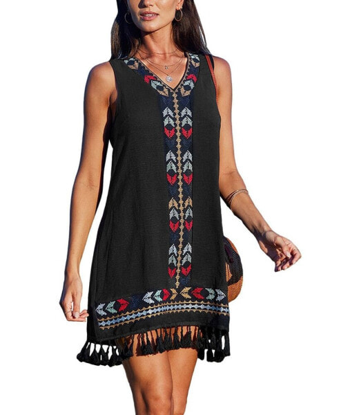 Women's Retro Boho Embroidered Tassel Mini Cover Up Dress