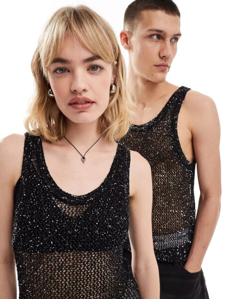 Weekday Unisex Mattues sheer sequin vest in black exclusive at ASOS