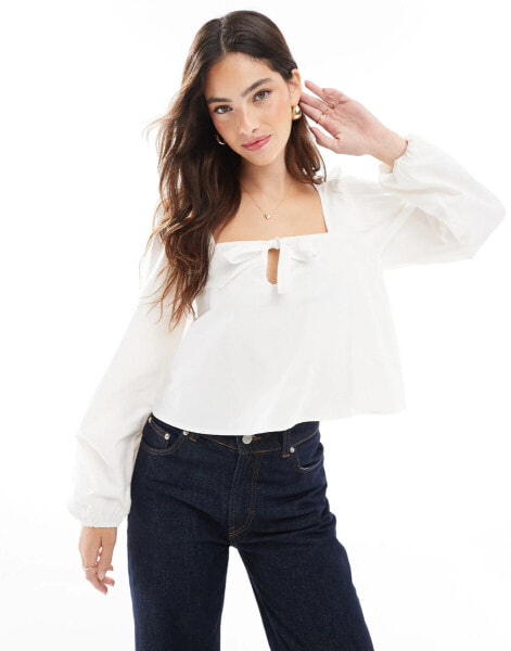 ASOS DESIGN poplin bow tie front blouse in ecru