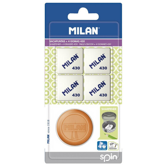 MILAN Blister Pack 1 Spin New Look Pencil Sharpener+4 Erasers