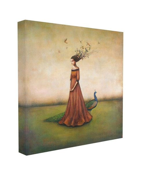 Beauty and Birds in Her Hair Woman and Peacock Illustration Stretched Canvas Wall Art, 36" x 36"