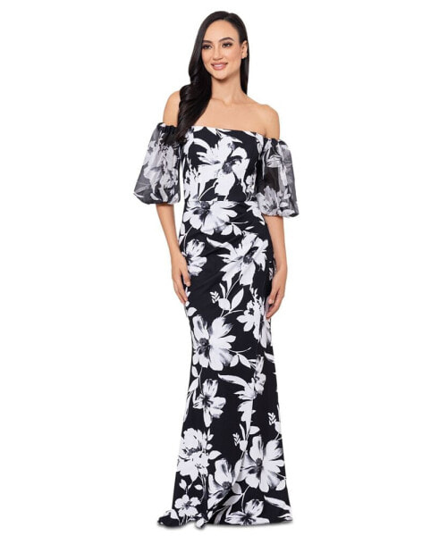 Petite Floral-Print Off-The-Shoulder Gown
