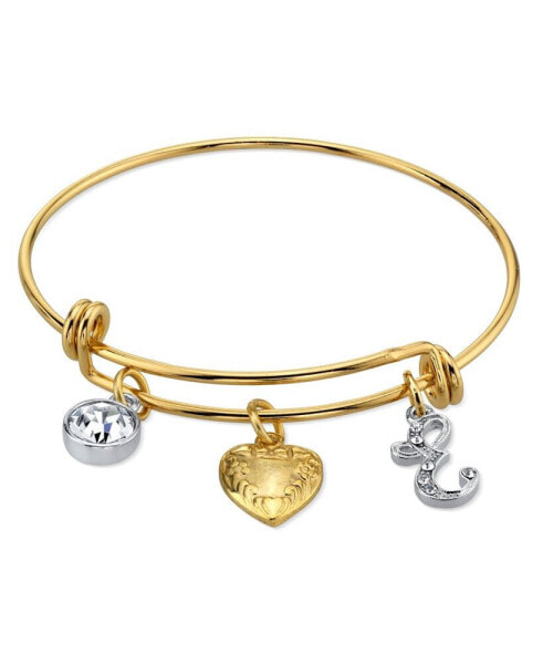 14K Gold-Dipped Heart and Initial Crystal Charm Bracelet