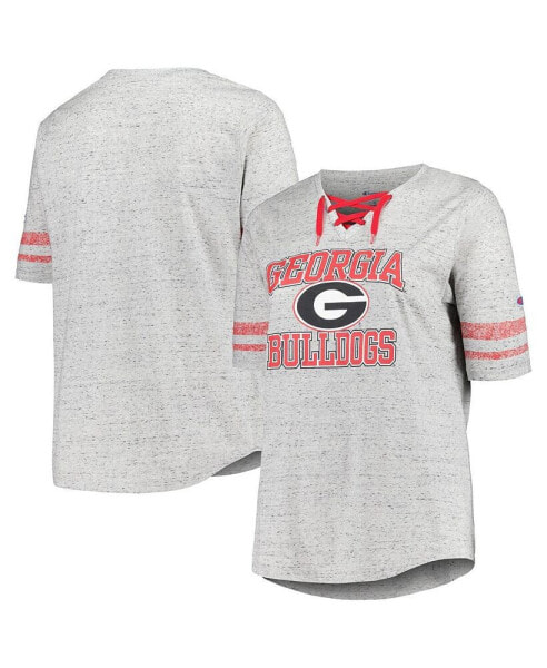 Women's Heather Gray Distressed Georgia Bulldogs Plus Size Striped Lace-Up V-Neck T-shirt