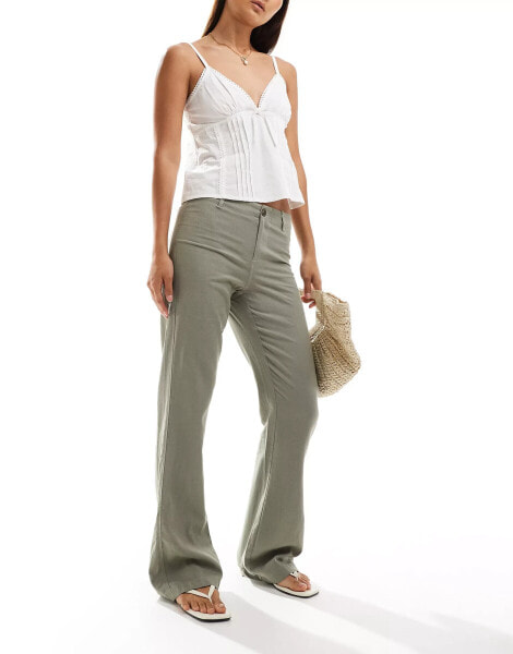 Bershka linen tailored flared trousers in taupe