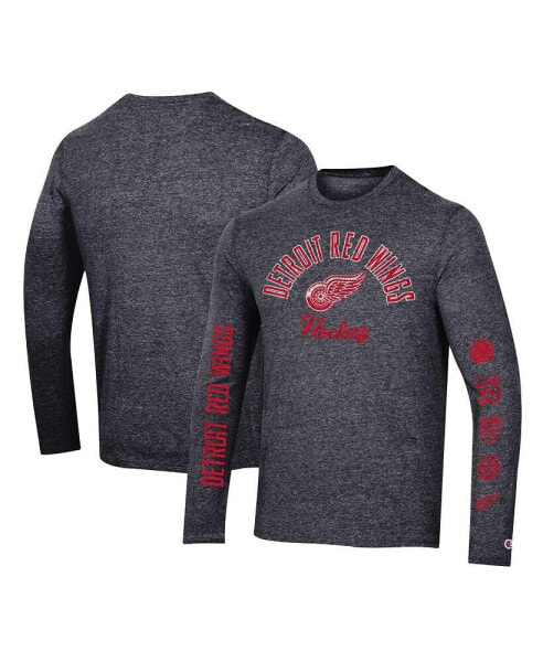 Men's Heather Black Distressed Detroit Red Wings Multi-Logo Tri-Blend Long Sleeve T-shirt