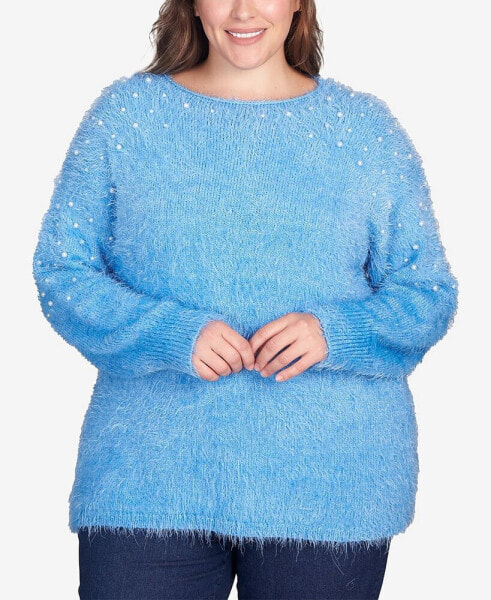 Plus Size Imitation Pearl Studded Metallic Eyelash Sweater