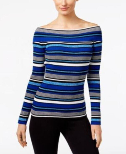 INC International Concepts Women Off Shoulder Sweater Long Sleeve Blue White XL