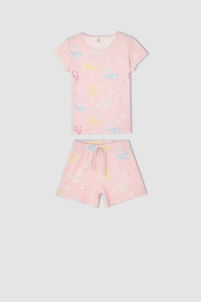 Kız Çocuk Desenli Kısa Kollu Pamuklu Pijama Takım
