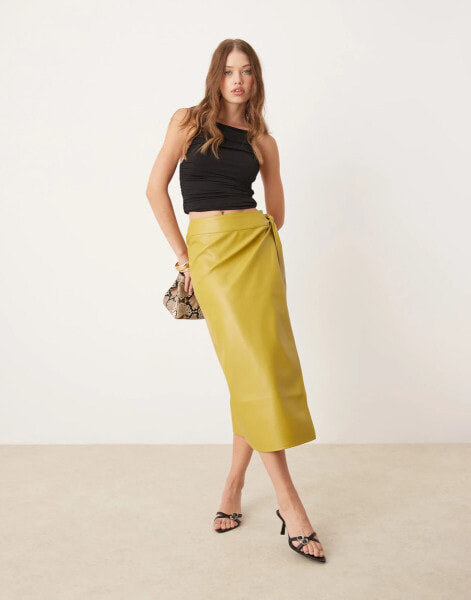 Never Fully Dressed PU wrap midi skirt in olive