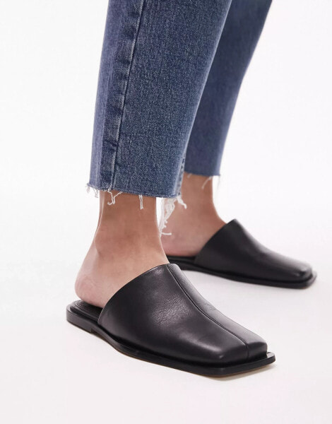 Topshop Cici leather square toe flat mule in black